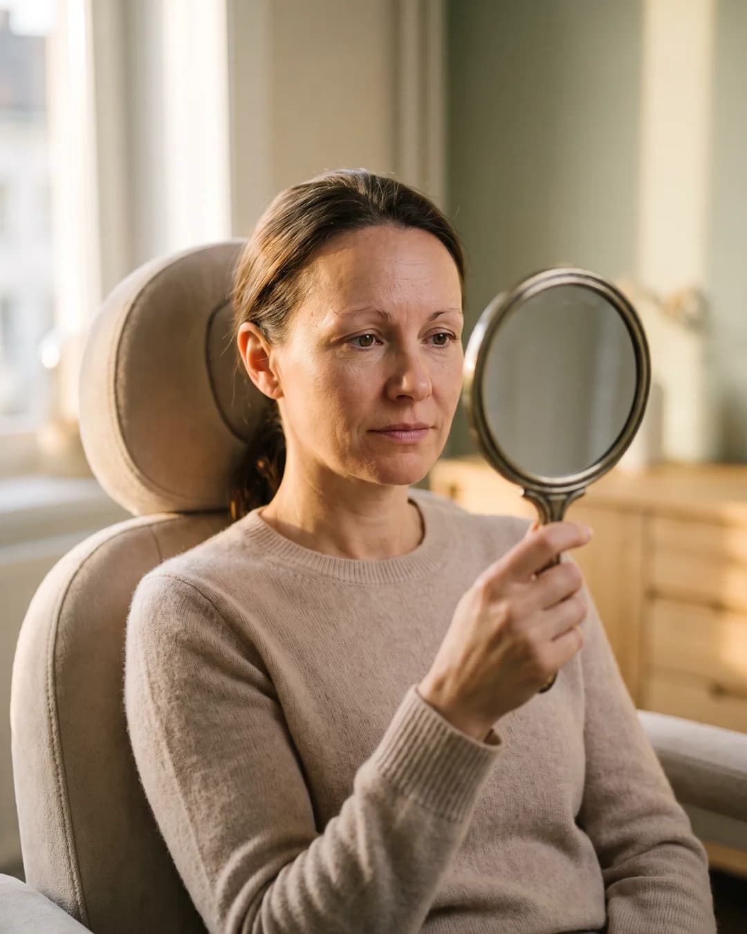 A woman holding a mirror, looking at her own eyebrows.