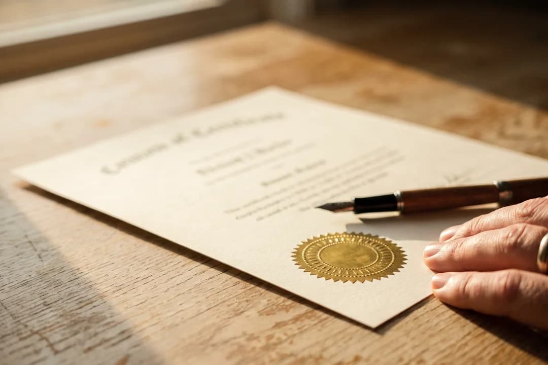 A printed certificate on a wooden table, with an embossed gold seal.