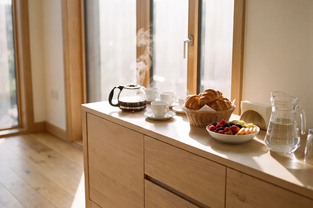 Credenza con caffè, dolci e frutta, nella luce del mattino.