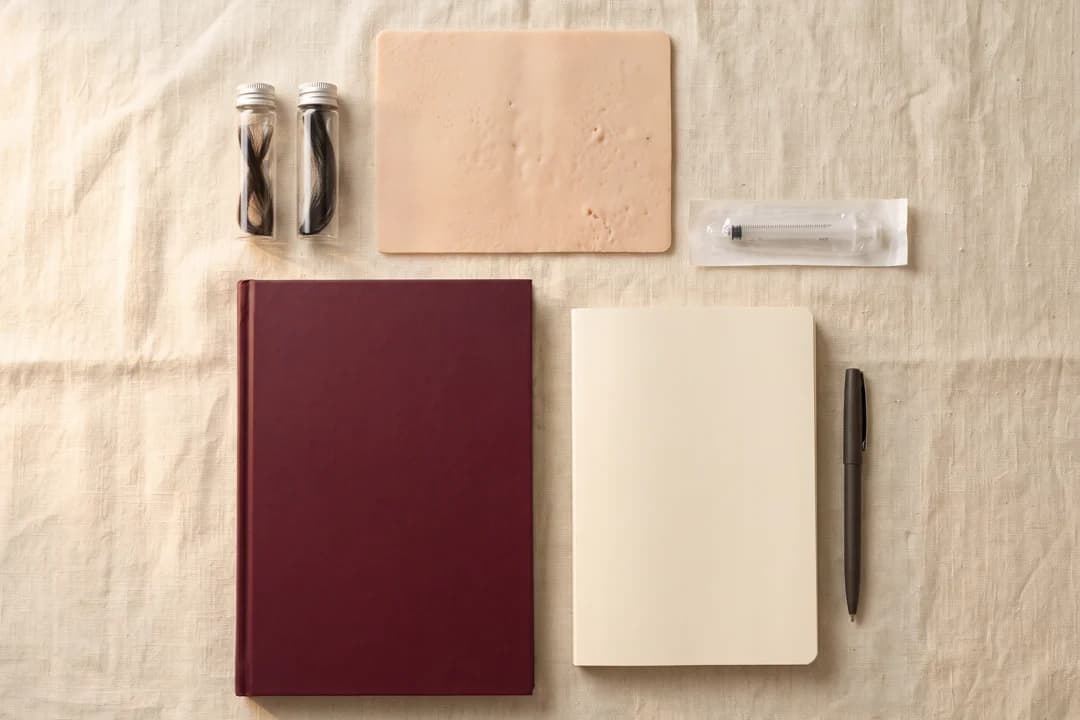Il kit del corso visto dall'alto: manuali, pelle sintetica, fibra e strumento.