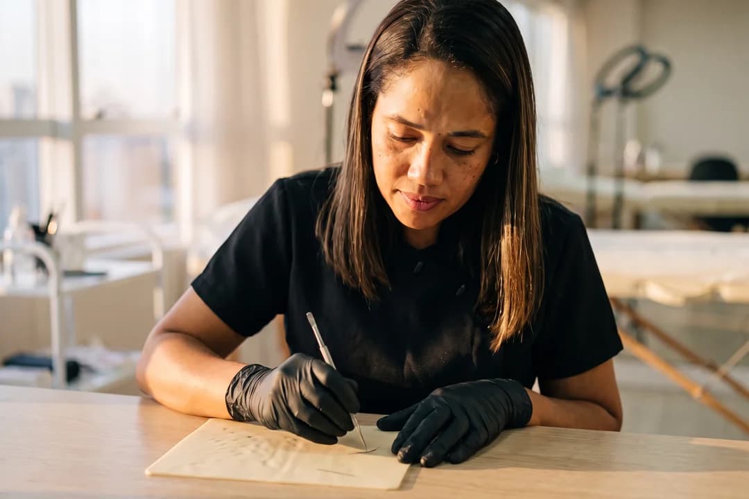 Francielly Costa, con i guanti, mentre mostra il disegno.