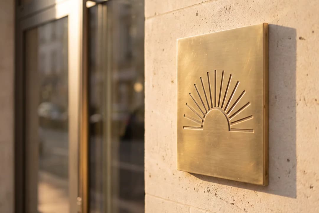 Targa di ottone all'ingresso di una clinica, con l'emblema a raggi.